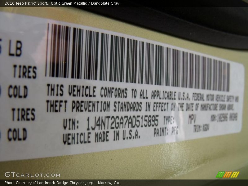 Optic Green Metallic / Dark Slate Gray 2010 Jeep Patriot Sport