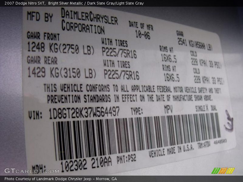 2007 Nitro SXT Bright Silver Metallic Color Code PS2