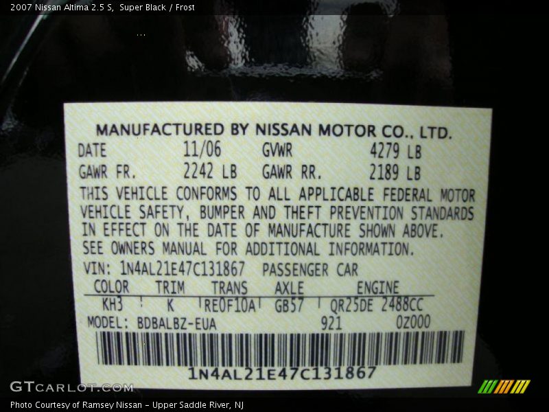 Super Black / Frost 2007 Nissan Altima 2.5 S
