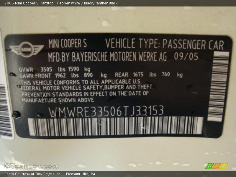 Pepper White / Black/Panther Black 2006 Mini Cooper S Hardtop