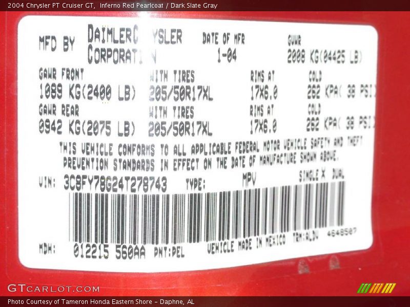 Inferno Red Pearlcoat / Dark Slate Gray 2004 Chrysler PT Cruiser GT