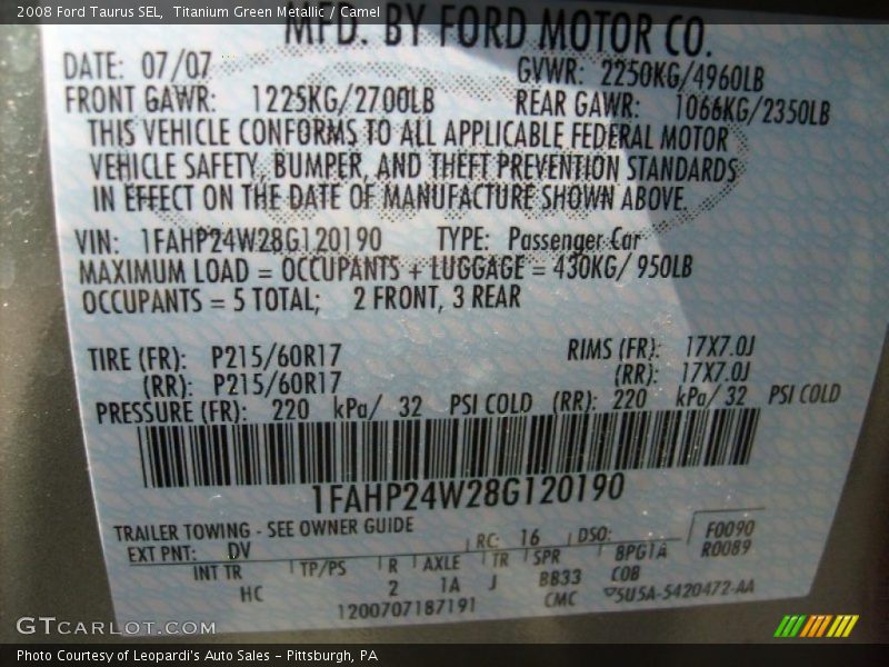 Titanium Green Metallic / Camel 2008 Ford Taurus SEL