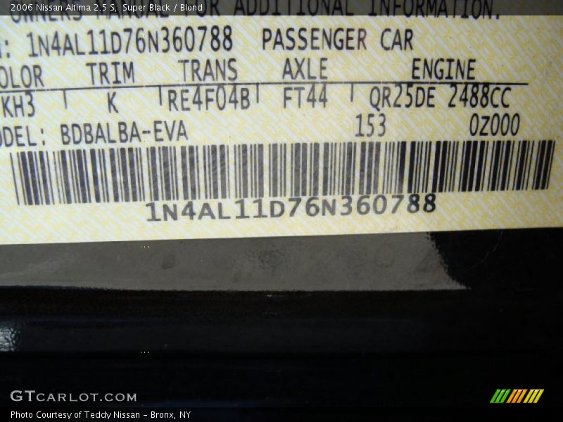 Super Black / Blond 2006 Nissan Altima 2.5 S