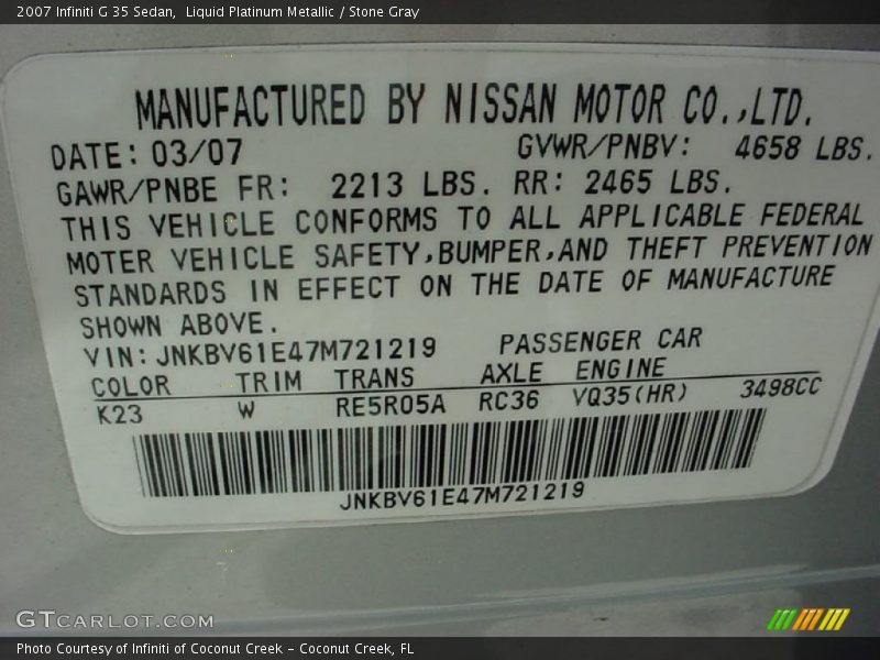 Liquid Platinum Metallic / Stone Gray 2007 Infiniti G 35 Sedan