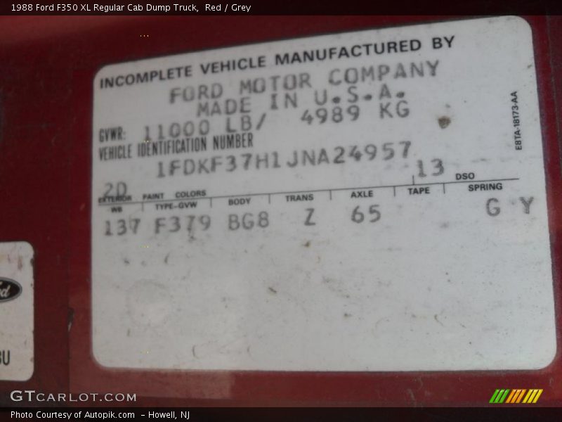 Red / Grey 1988 Ford F350 XL Regular Cab Dump Truck