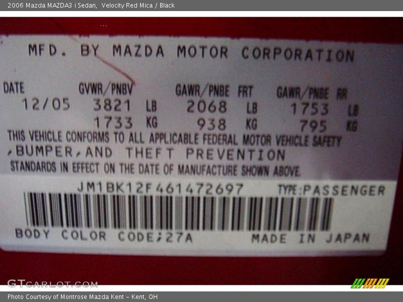 Velocity Red Mica / Black 2006 Mazda MAZDA3 i Sedan