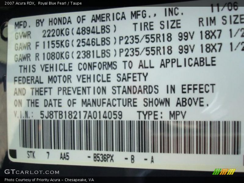 Royal Blue Pearl / Taupe 2007 Acura RDX