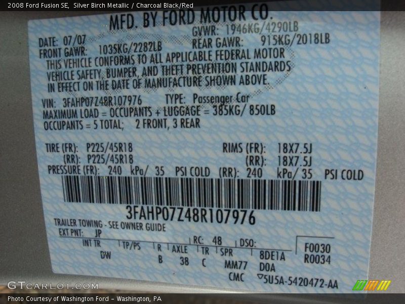 Silver Birch Metallic / Charcoal Black/Red 2008 Ford Fusion SE