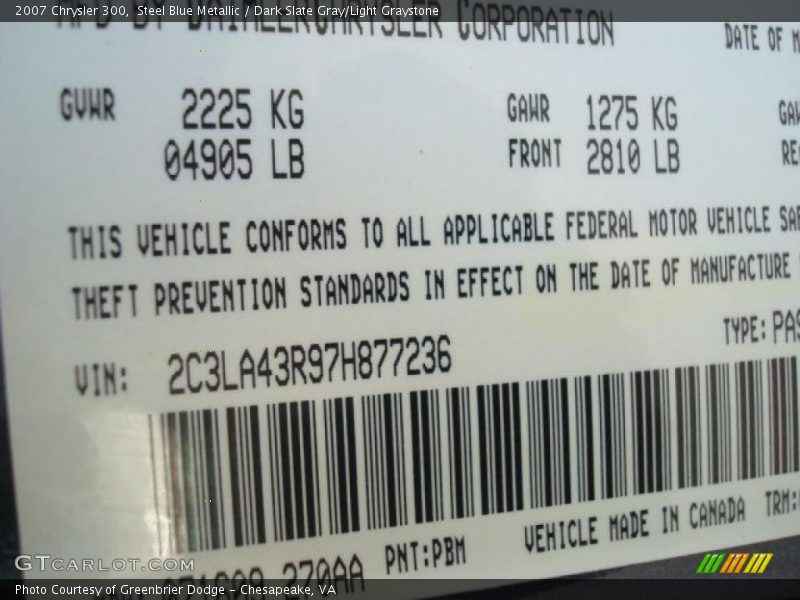 Steel Blue Metallic / Dark Slate Gray/Light Graystone 2007 Chrysler 300