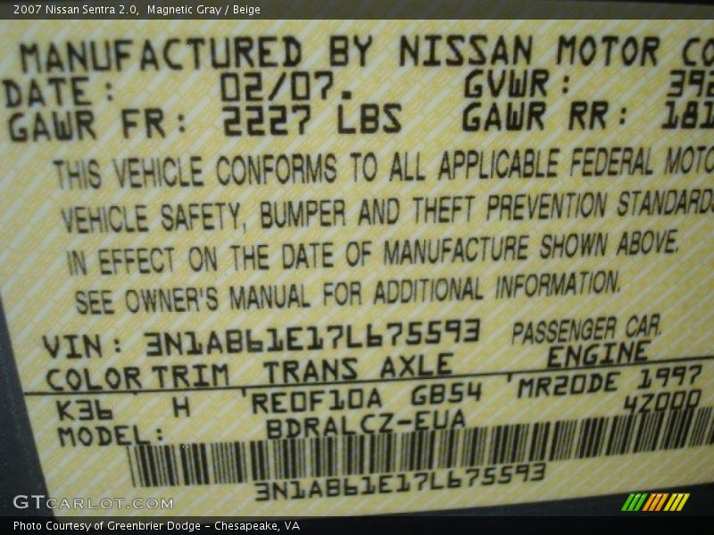 Magnetic Gray / Beige 2007 Nissan Sentra 2.0