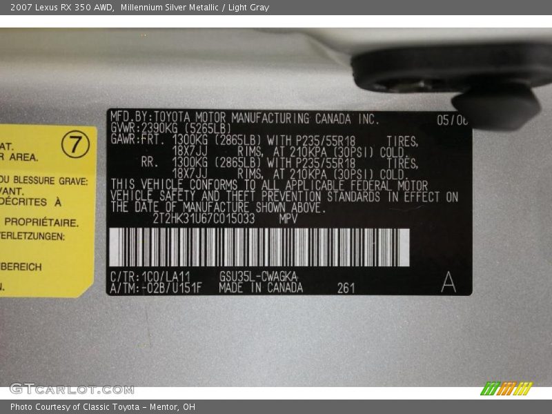 Millennium Silver Metallic / Light Gray 2007 Lexus RX 350 AWD