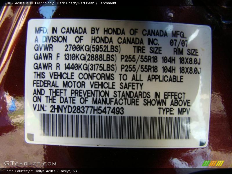 Dark Cherry Red Pearl / Parchment 2007 Acura MDX Technology