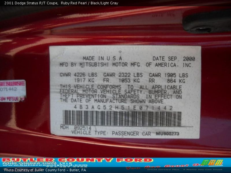 Ruby Red Pearl / Black/Light Gray 2001 Dodge Stratus R/T Coupe