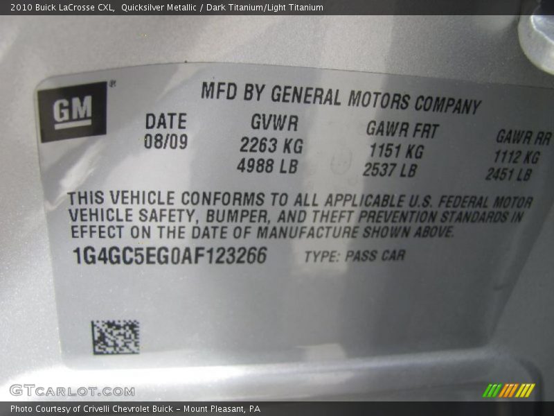 Quicksilver Metallic / Dark Titanium/Light Titanium 2010 Buick LaCrosse CXL