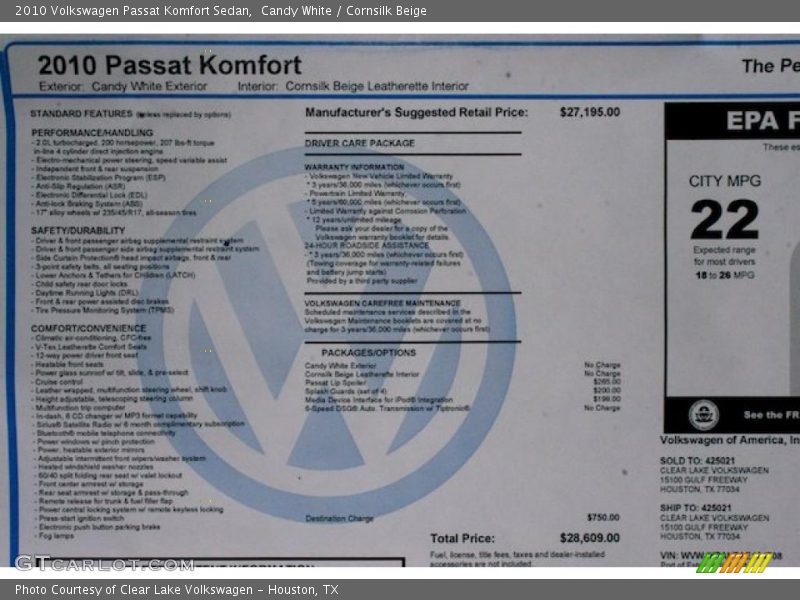 Candy White / Cornsilk Beige 2010 Volkswagen Passat Komfort Sedan