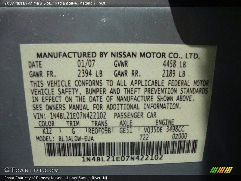 Radiant Silver Metallic / Frost 2007 Nissan Altima 3.5 SE
