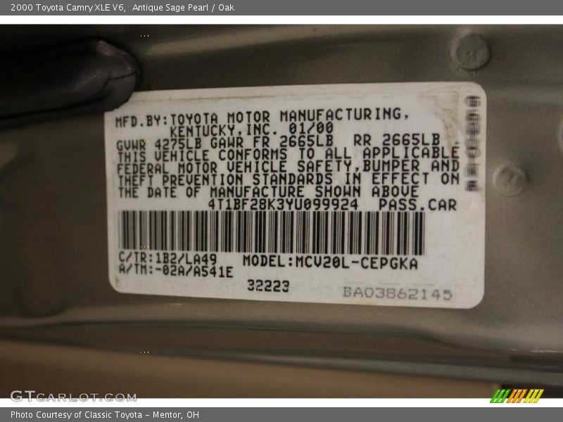 Antique Sage Pearl / Oak 2000 Toyota Camry XLE V6