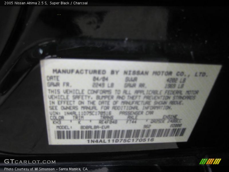 Super Black / Charcoal 2005 Nissan Altima 2.5 S