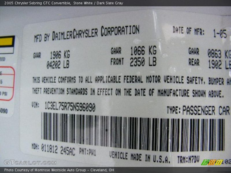 Stone White / Dark Slate Gray 2005 Chrysler Sebring GTC Convertible
