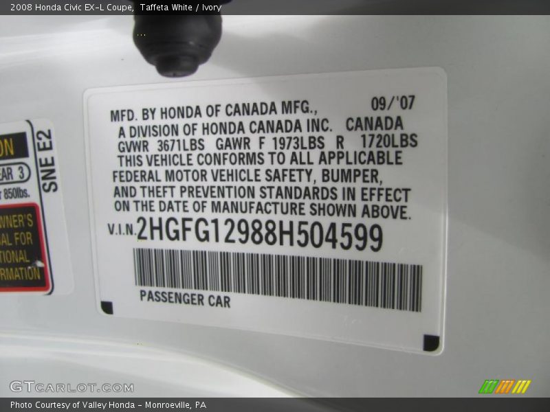 Taffeta White / Ivory 2008 Honda Civic EX-L Coupe
