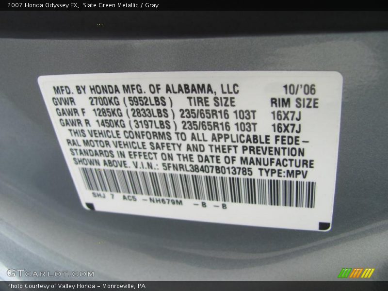 Slate Green Metallic / Gray 2007 Honda Odyssey EX