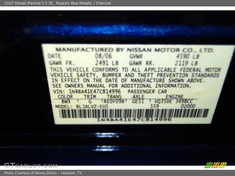 Majestic Blue Metallic / Charcoal 2007 Nissan Maxima 3.5 SE