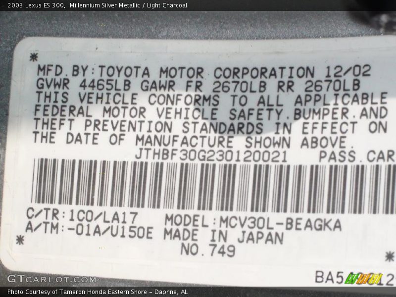Millennium Silver Metallic / Light Charcoal 2003 Lexus ES 300