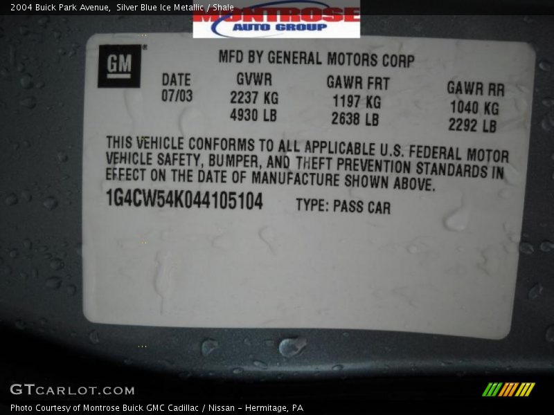 Silver Blue Ice Metallic / Shale 2004 Buick Park Avenue