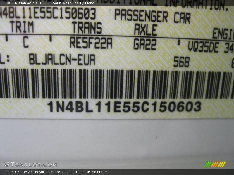 Satin White Pearl / Blond 2005 Nissan Altima 3.5 SE