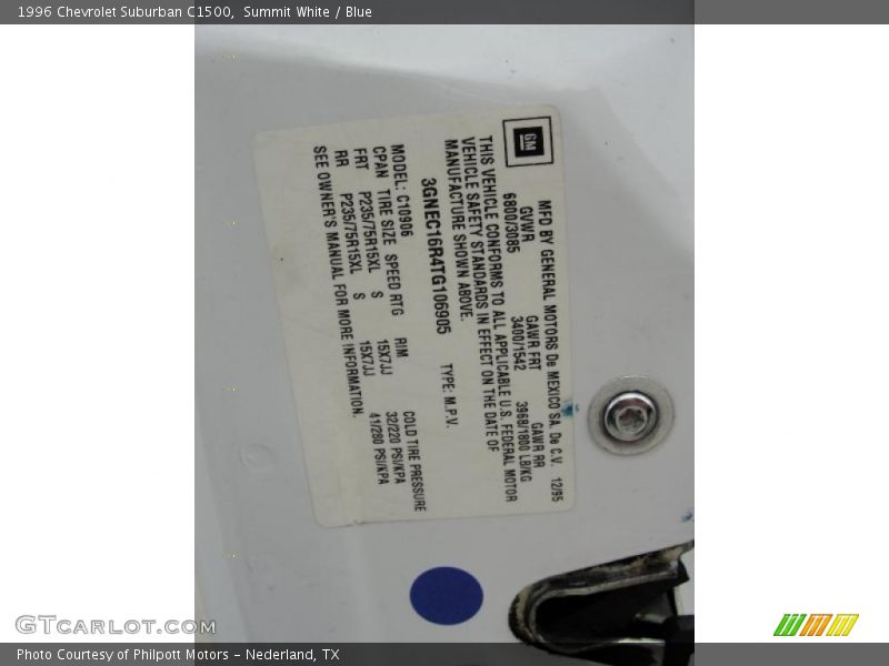 Summit White / Blue 1996 Chevrolet Suburban C1500