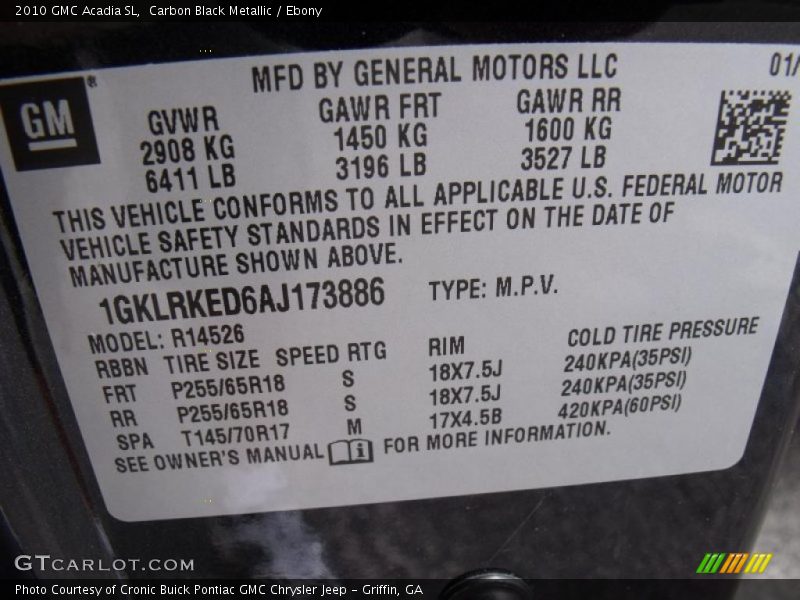 Carbon Black Metallic / Ebony 2010 GMC Acadia SL