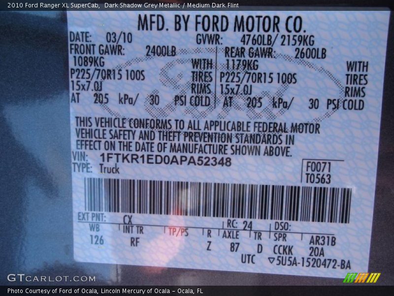 Dark Shadow Grey Metallic / Medium Dark Flint 2010 Ford Ranger XL SuperCab