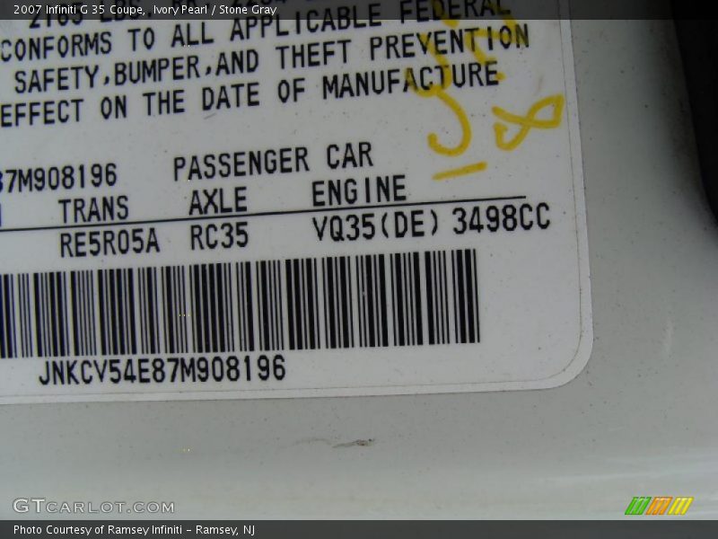 Ivory Pearl / Stone Gray 2007 Infiniti G 35 Coupe