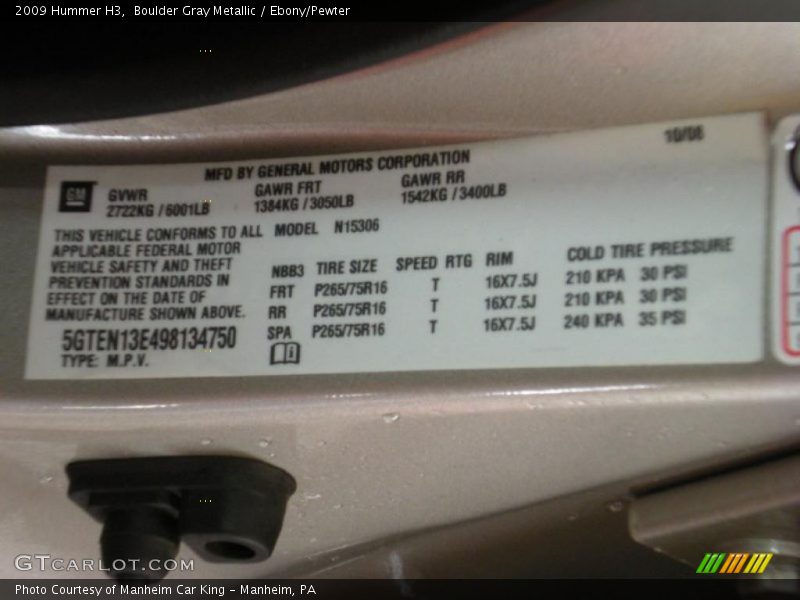 Boulder Gray Metallic / Ebony/Pewter 2009 Hummer H3