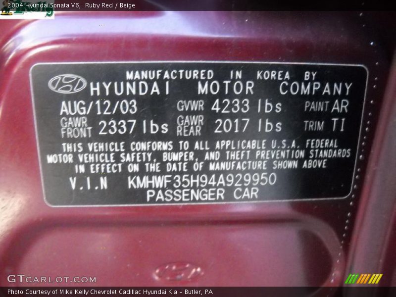 Ruby Red / Beige 2004 Hyundai Sonata V6