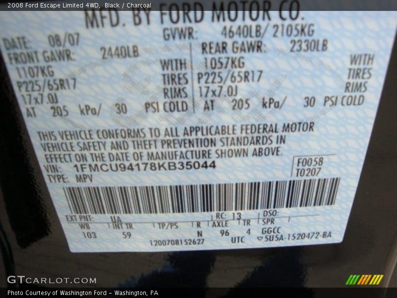 Black / Charcoal 2008 Ford Escape Limited 4WD