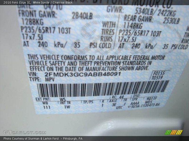 White Suede / Charcoal Black 2010 Ford Edge SE