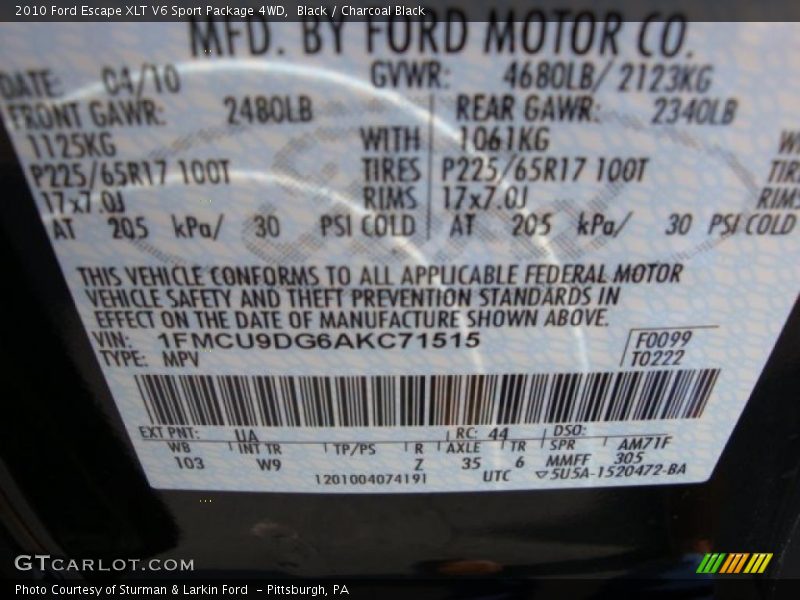 Black / Charcoal Black 2010 Ford Escape XLT V6 Sport Package 4WD
