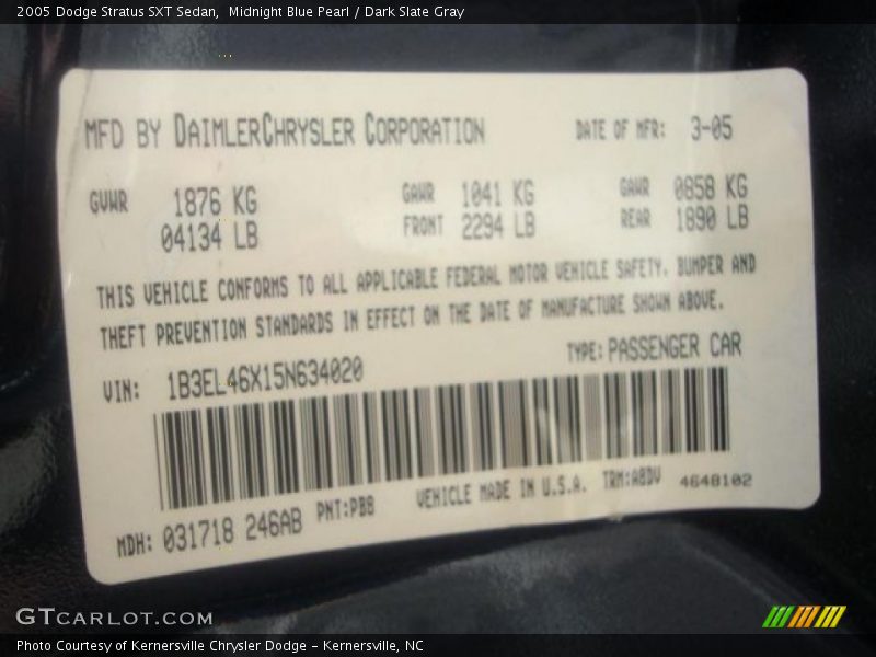Midnight Blue Pearl / Dark Slate Gray 2005 Dodge Stratus SXT Sedan