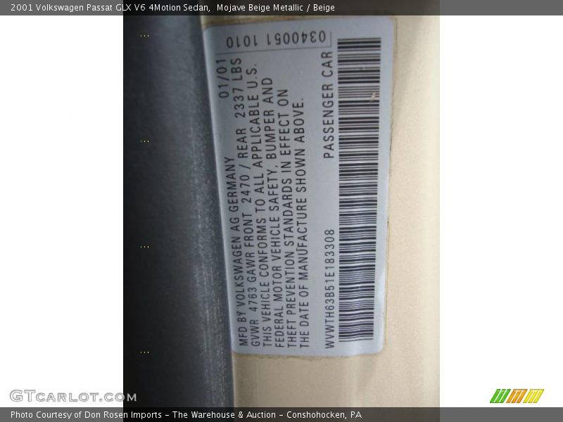 Mojave Beige Metallic / Beige 2001 Volkswagen Passat GLX V6 4Motion Sedan