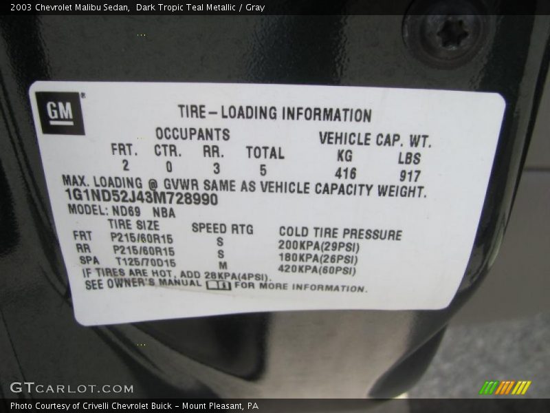 Dark Tropic Teal Metallic / Gray 2003 Chevrolet Malibu Sedan