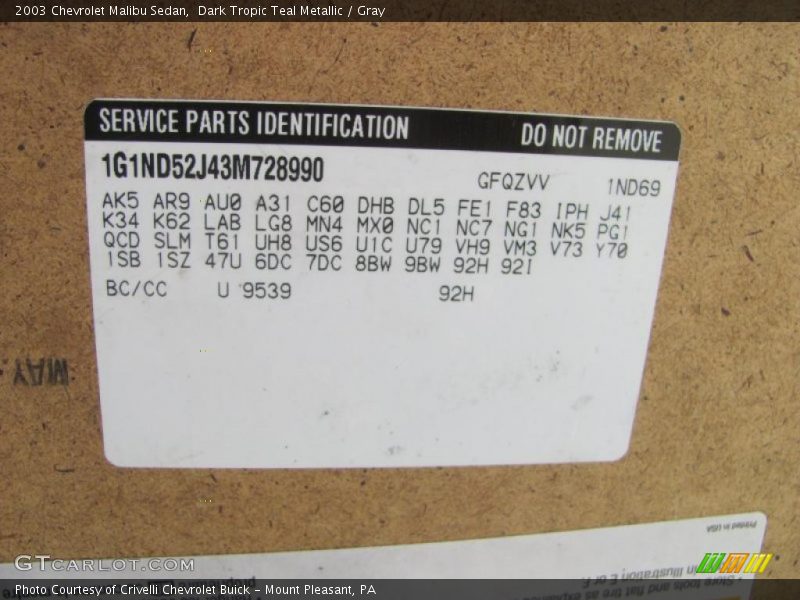 Dark Tropic Teal Metallic / Gray 2003 Chevrolet Malibu Sedan