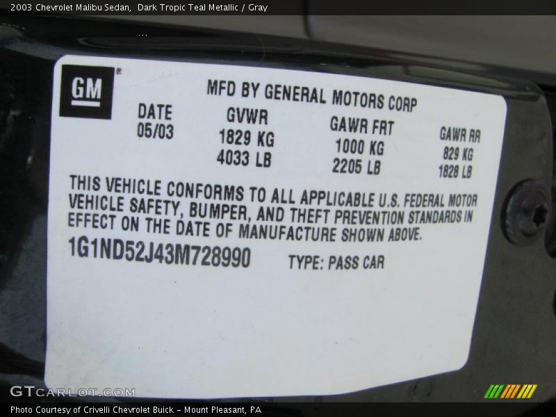 Dark Tropic Teal Metallic / Gray 2003 Chevrolet Malibu Sedan