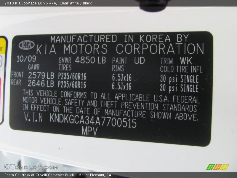 Clear White / Black 2010 Kia Sportage LX V6 4x4