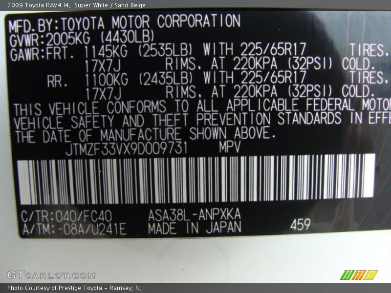 Super White / Sand Beige 2009 Toyota RAV4 I4