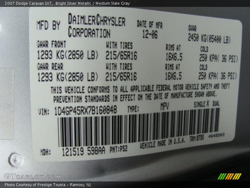 Bright Silver Metallic / Medium Slate Gray 2007 Dodge Caravan SXT