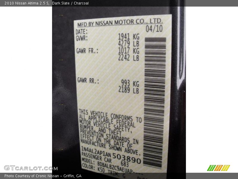 Dark Slate / Charcoal 2010 Nissan Altima 2.5 S