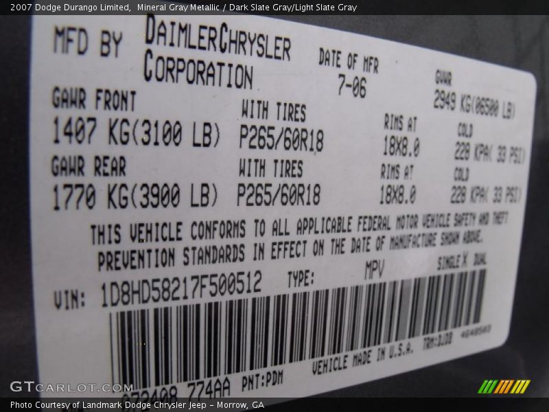 2007 Durango Limited Mineral Gray Metallic Color Code PDM