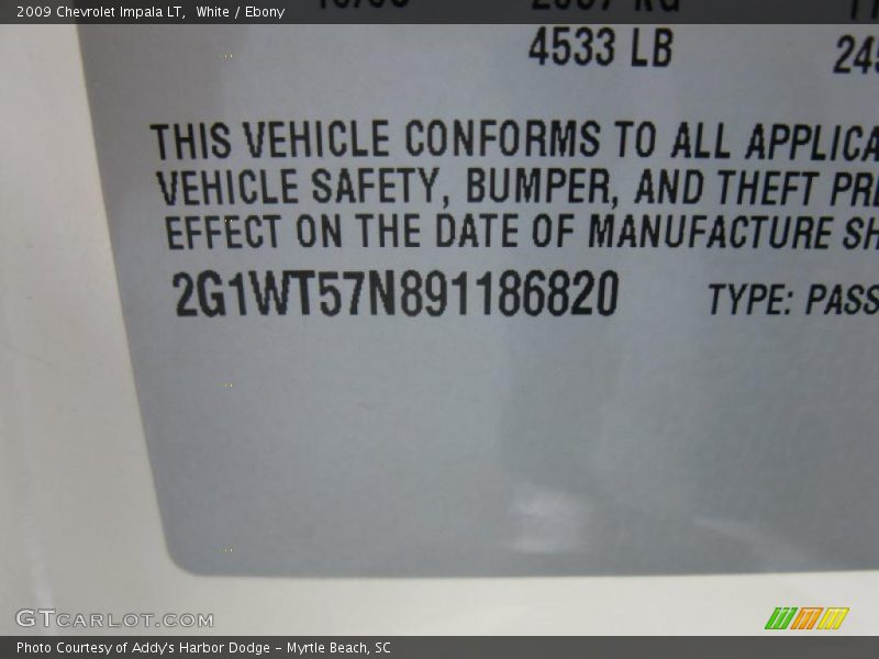 White / Ebony 2009 Chevrolet Impala LT