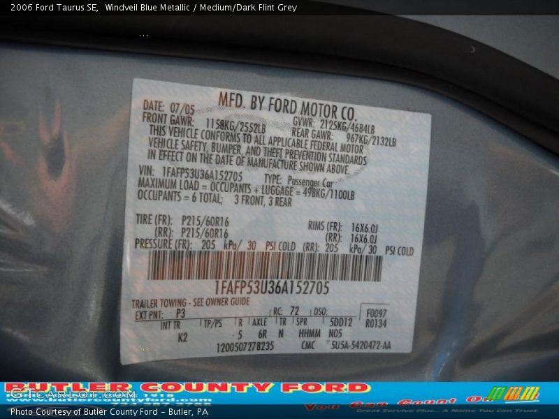 Windveil Blue Metallic / Medium/Dark Flint Grey 2006 Ford Taurus SE
